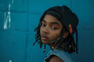 ai generado un vibrante mujer con rastas exuda un confidente aura como ella elegantemente se pone un sombrero. foto