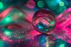 AI generated A crystal orb delicately balances on a shimmering surface, creating mesmerizing reflections and captivating distortion of light. photo