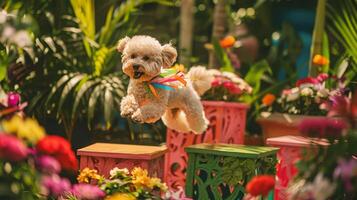 AI generated A fluffy poodle jumps over colorful garden boxes, its coat glowing in the warm sunset light. photo