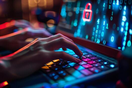 AI generated Close-up of person typing on a laptop with a padlock symbolizing security and protection of data. photo