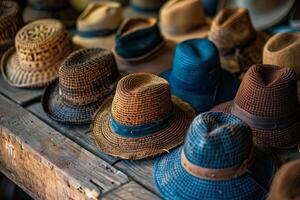ai generado un colección de hecho a mano sombreros de varios estilos y colores arreglado pulcramente en un de madera mesa. foto