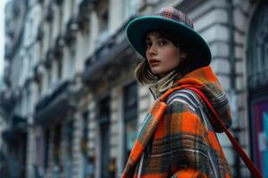 ai generado un elegante mujer graciosamente camina en un tartán Saco y verde esmeralda sombrero, exudando elegancia y encanto. foto