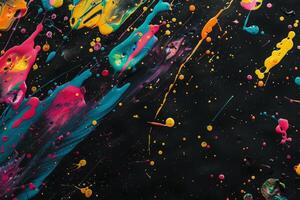AI generated Vivid, multicolored paint splatters playfully dance across a sleek black backdrop, creating a mesmerizing and abstract display of color. photo