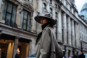 AI generated A sophisticated woman strolls down a bustling street in a fashionable coat and chic hat, exuding grace and style. photo