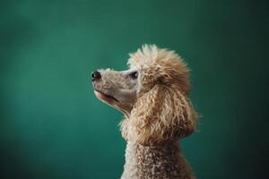 AI generated A regal standard poodle with perfect curls gazes upwards against a vibrant green background. photo