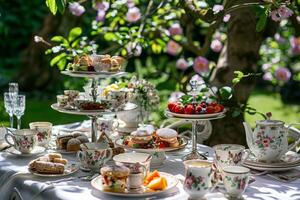 AI generated An elegant afternoon tea setting in an old estate, with plates of food and cups arranged beautifully on the table. photo