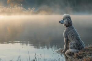 AI generated A standard poodle peacefully sitting on the edge of a body of water, pondering the view ahead. photo