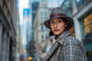 ai generado un elegante mujer en un sombrero y Saco soportes con confianza en un bullicioso ciudad calle, exudando sofisticación y gracia. foto