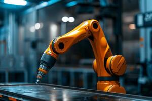 AI generated An isolated high precision robotic arm carefully crafting and shaping a piece of metal with intricate detail and accuracy. photo