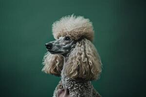 AI generated A standard poodle with pristine curls playfully balances a smaller white poodle on its head in a quirky and endearing display of balance and coordination. photo