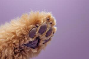 AI generated A close-up view of a standard poodles paw set against a radiant purple background, showcasing its intricate details and textures. photo