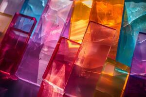 AI generated Close-up view of various colored glass blocks forming a vibrant and eclectic mosaic pattern. photo