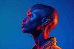 AI generated A woman bathed in striking blue and red lighting, creating a mesmerizing contrast on her face. photo