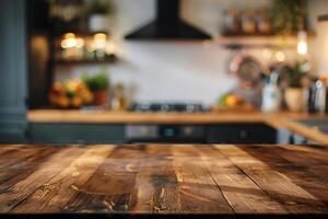 AI generated brown wooden kitchen table blurry background photo