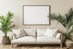 AI generated Stylish living room interior with white sofa and blank white canvas on the wall photo