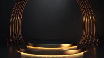 AI generated Gold black luxury podium background golden product line stage photo