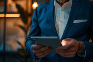AI generated A stylish man in a blue suit explores insurance options on his tablet device. photo