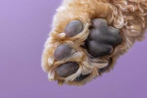 AI generated A close up of a standard poodles paw against a vibrant purple background, showcasing its intricate details and unique charm. photo