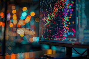 AI generated A computer monitor emits a vibrant and colorful visualization on top of a desk, creating a futuristic and mesmerizing display. photo