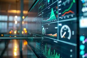 AI generated A computer screen pulsates with intricate data, showcasing an energy management dashboard filled with vital metrics. photo