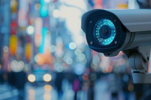 AI generated A close-up view of a high-tech surveillance camera, with a colorful, blurry city background at dusk. photo
