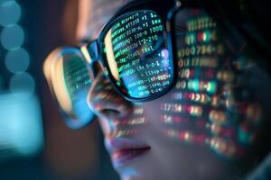 AI generated A woman donning futuristic glasses that reflect a sequence of binary code, showcasing a blend of technology and fashion. photo