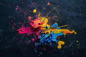 AI generated A vibrant spray of colorful paint splatters against a black surface, creating a chaotic yet harmonious symphony of colors and textures. photo