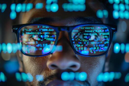 AI generated A man with glasses intensely focused on a computer screen displaying a sequence of binary code. photo