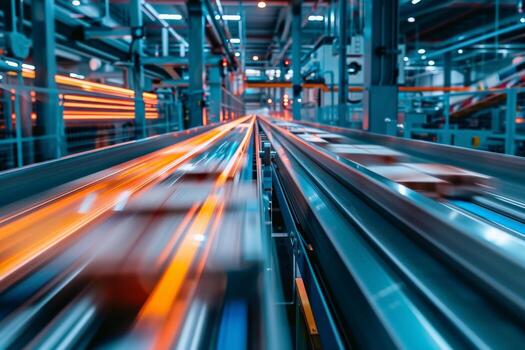 AI generated Conveyor belts in motion blur, showing dynamic industrial activity in a high-tech setting. photo