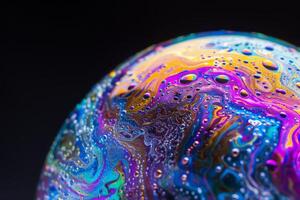 AI generated A close up of a soap bubble reflecting vibrant colors with shimmering drops of water. photo