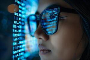 AI generated A woman with glasses studying a display of numbers and binary code, deep in thought and contemplation. photo