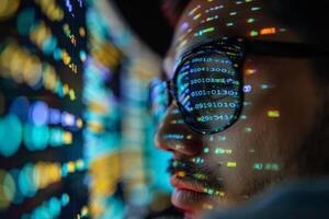 AI generated A bespectacled man focuses intently on a computer screen, with a sequence of binary code reflected on a program interface in the background. photo