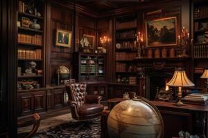 AI generated A cozy library setting with a majestic globe sitting on a wooden table beside a solitary chair. photo