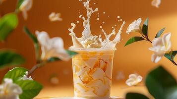 AI generated splash of milkshake with exploding banana slices amid milk splashes on a yellow orange background, photo