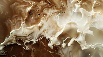 AI generated close up view of coffee mixing with milk in glass, panoramic shot photo