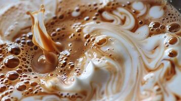 AI generated close up view of coffee mixing with milk in glass, panoramic shot photo