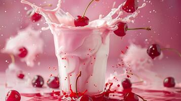 AI generated strawberry smoothie milkshake with splashes isolated on pastel pink color backdrop photo