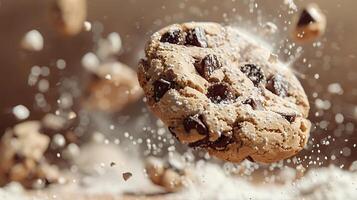 AI generated The chocolate chip cookie biscuit levitates in the air on bokeh background. photo