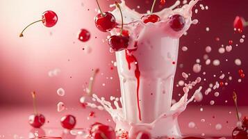 AI generated strawberry smoothie milkshake with splashes isolated on pastel pink color backdrop photo