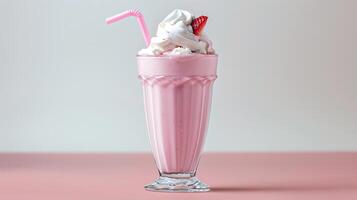 AI generated striped straws in a glass of splashing strawberry milkshake isolated on pastel pink color backdrop photo