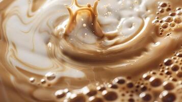 AI generated close up view of coffee mixing with milk in glass, panoramic shot photo