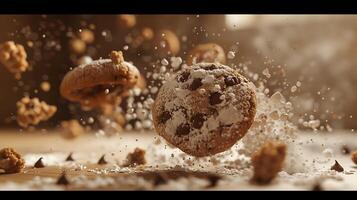 AI generated The chocolate chip cookie biscuit levitates in the air on bokeh background. photo