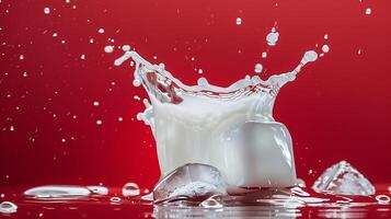 AI generated splashing milk of glass with red background, ice cube descending. photo