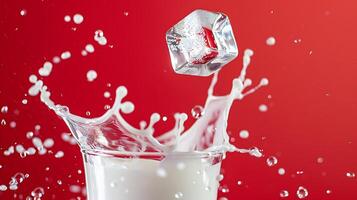 ai generado salpicaduras Leche de vaso con rojo fondo, hielo cubo descendiendo foto