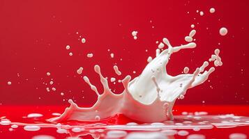 AI generated milk splash Isolated on red background photo