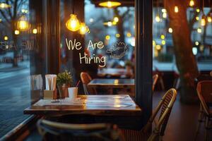 AI generated A quaint cafe displaying a We Are Hiring sign in its window, inviting potential candidates to join their team. photo