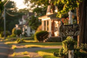 AI generated A house for sale sign stands prominently on a residential street surrounded by lush greenery. photo