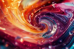 AI generated Close-up of a captivating mix of oil and water colors swirling together, accented by sparkling water droplets. photo