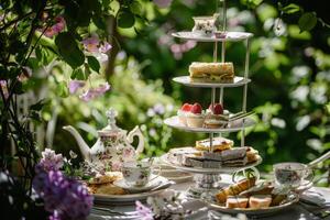 AI generated Exquisite table adorned with plates of food and cups for an elegant afternoon tea in a regal old estate. photo