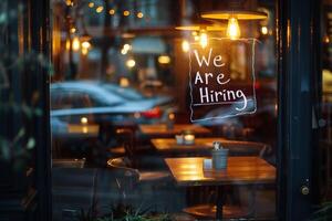 AI generated A charming cafe window with a prominent We Are Hiring sign, inviting potential candidates to apply for job opportunities. photo